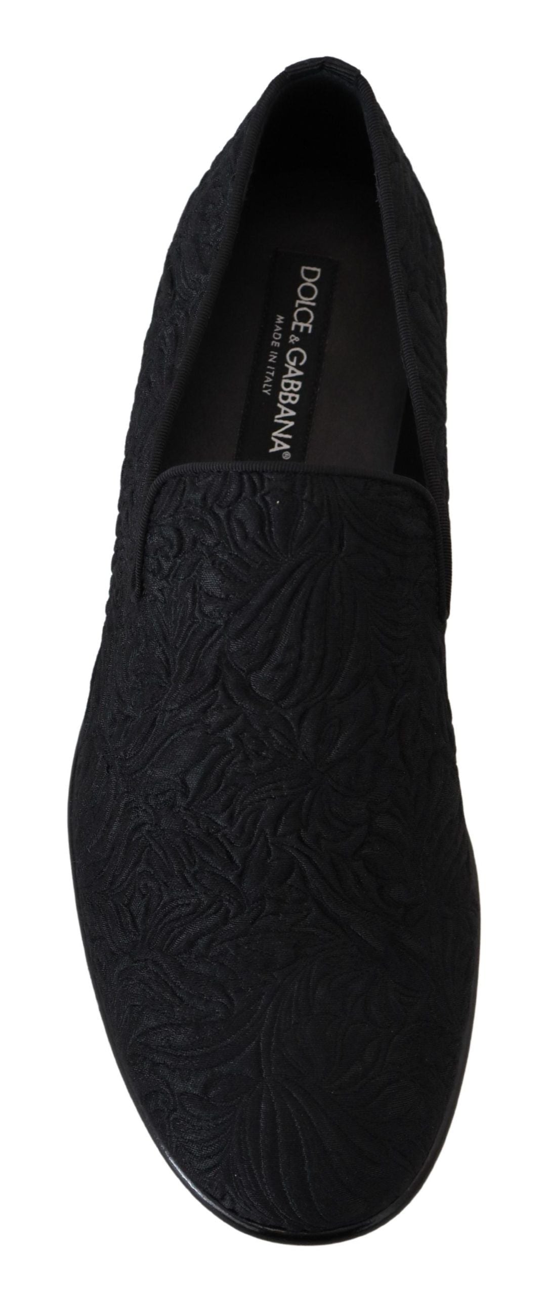 Dolce & Gabbana Men's Cotton Polyester Viscose Silk & Leather Flat Loafer Sliders Slider Slippers Shoes - Black Patterned Floral Jacquard