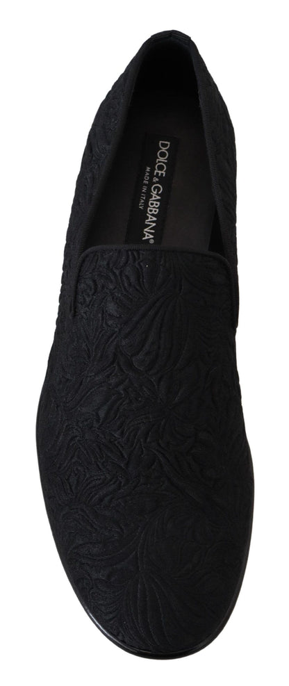 Dolce & Gabbana Men's Cotton Polyester Viscose Silk & Leather Flat Loafer Sliders Slider Slippers Shoes - Black Patterned Floral Jacquard