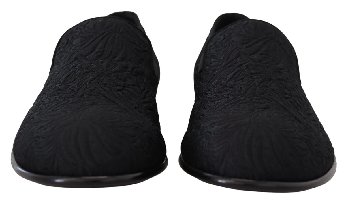 Dolce & Gabbana Men's Cotton Polyester Viscose Silk & Leather Flat Loafer Sliders Slider Slippers Shoes - Black Patterned Floral Jacquard
