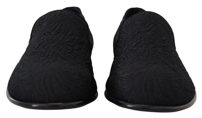 Dolce & Gabbana Men's Cotton Polyester Viscose Silk & Leather Flat Loafer Sliders Slider Slippers Shoes - Black Patterned Floral Jacquard