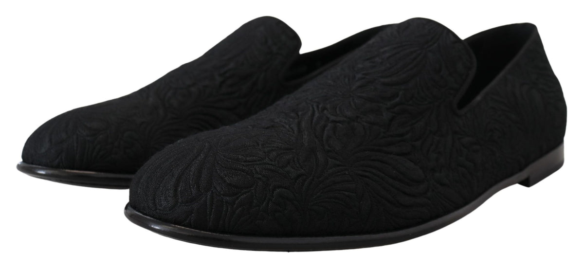 Dolce & Gabbana Men's Cotton Polyester Viscose Silk & Leather Flat Loafer Sliders Slider Slippers Shoes - Black Patterned Floral Jacquard