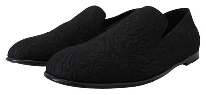 Dolce & Gabbana Men's Cotton Polyester Viscose Silk & Leather Flat Loafer Sliders Slider Slippers Shoes - Black Patterned Floral Jacquard