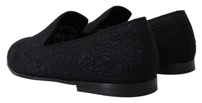 Dolce & Gabbana Men's Cotton Polyester Viscose Silk & Leather Flat Loafer Sliders Slider Slippers Shoes - Black Patterned Floral Jacquard