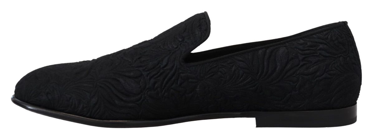 Dolce & Gabbana Men's Cotton Polyester Viscose Silk & Leather Flat Loafer Sliders Slider Slippers Shoes - Black Patterned Floral Jacquard