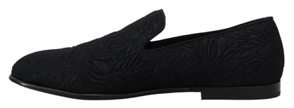 Dolce & Gabbana Men's Cotton Polyester Viscose Silk & Leather Flat Loafer Sliders Slider Slippers Shoes - Black Patterned Floral Jacquard