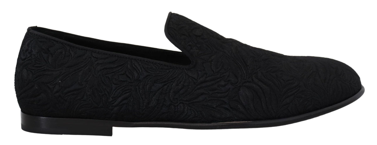 Dolce & Gabbana Men's Cotton Polyester Viscose Silk & Leather Flat Loafer Sliders Slider Slippers Shoes - Black Patterned Floral Jacquard