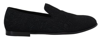 Dolce & Gabbana Men's Cotton Polyester Viscose Silk & Leather Flat Loafer Sliders Slider Slippers Shoes - Black Patterned Floral Jacquard