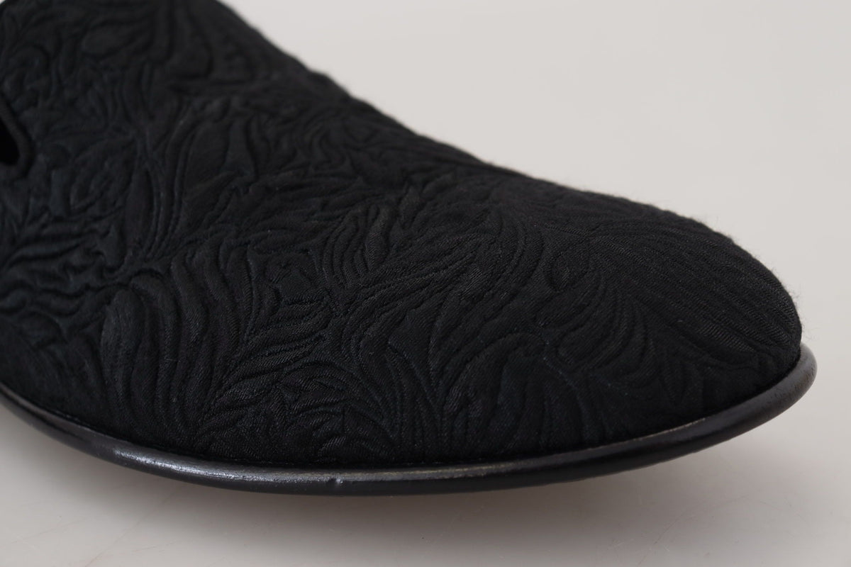 Dolce & Gabbana Men's Cotton Polyester Viscose Silk & Leather Flat Loafer Sliders Slider Slippers Shoes - Black Patterned Floral Jacquard