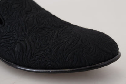 Dolce & Gabbana Men's Cotton Polyester Viscose Silk & Leather Flat Loafer Sliders Slider Slippers Shoes - Black Patterned Floral Jacquard