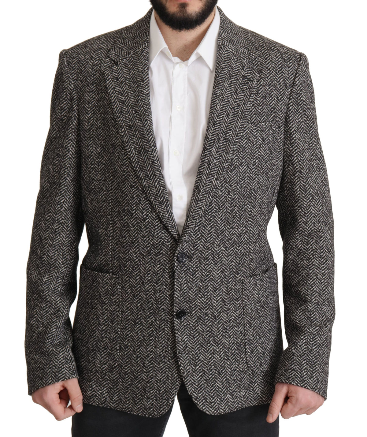 Dolce & Gabbana Fantasy Men's Single Breasted Viscose Polyester Cotton Wool Blazer - Gray Patterned Herringbone