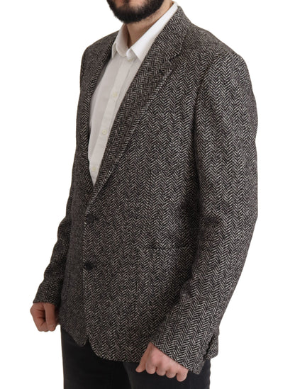 Dolce & Gabbana Fantasy Men's Single Breasted Viscose Polyester Cotton Wool Blazer - Gray Patterned Herringbone