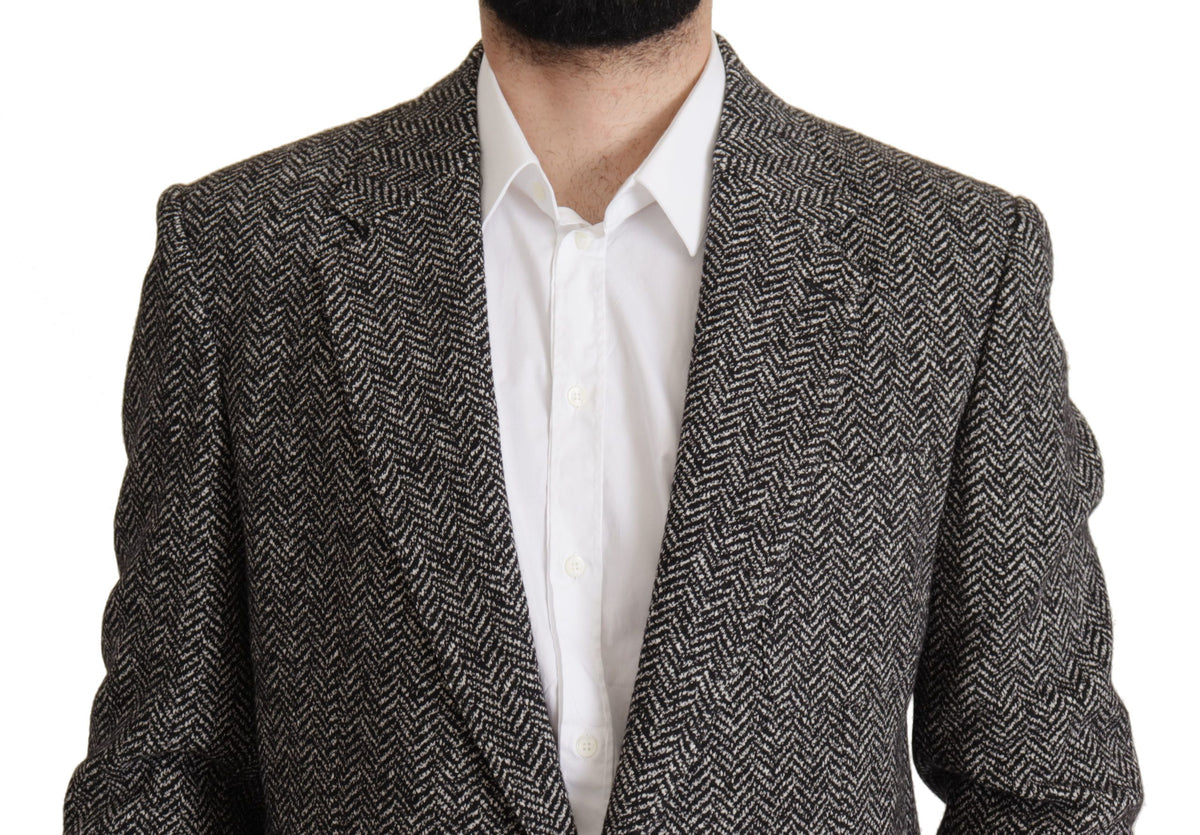 Dolce & Gabbana Fantasy Men's Single Breasted Viscose Polyester Cotton Wool Blazer - Gray Patterned Herringbone