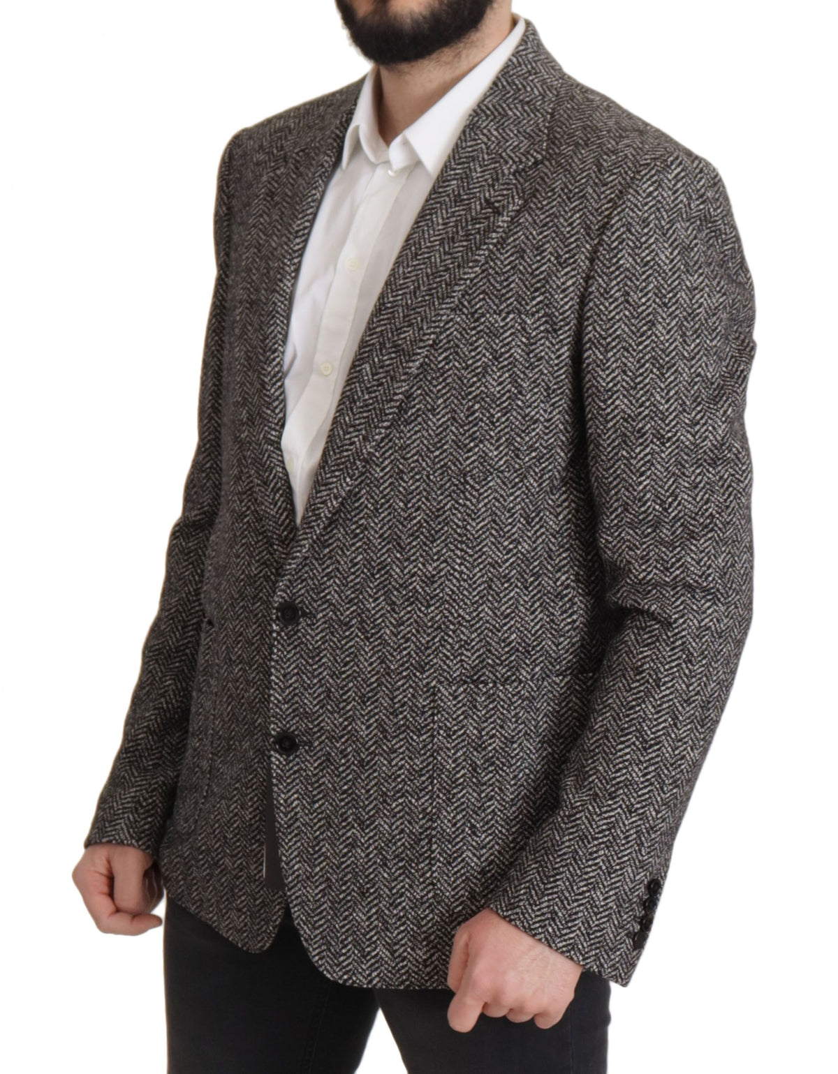Dolce & Gabbana Fantasy Men's Single Breasted Viscose Polyester Cotton Wool Blazer - Gray Patterned Herringbone