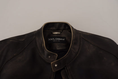 Dolce & Gabbana Men's Elegant Black Leather Jacket with Silver Details