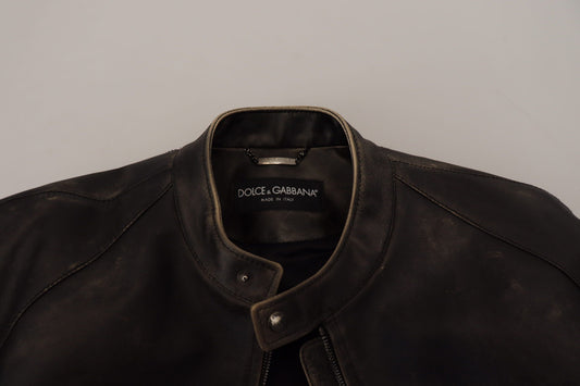 Dolce & Gabbana Men's Elegant Black Leather Jacket with Silver Details