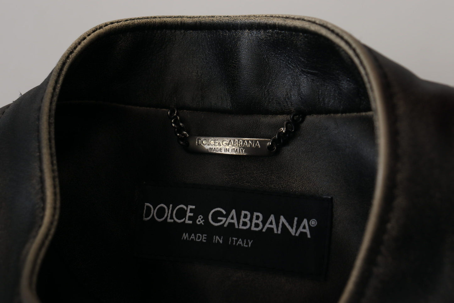 Dolce & Gabbana Men's Elegant Black Leather Jacket with Silver Details