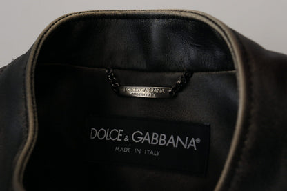 Dolce & Gabbana Men's Elegant Black Leather Jacket with Silver Details