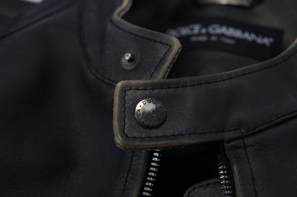 Dolce & Gabbana Men's Elegant Black Leather Jacket with Silver Details