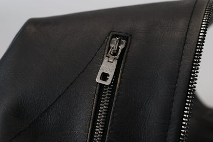 Dolce & Gabbana Men's Elegant Black Leather Jacket with Silver Details