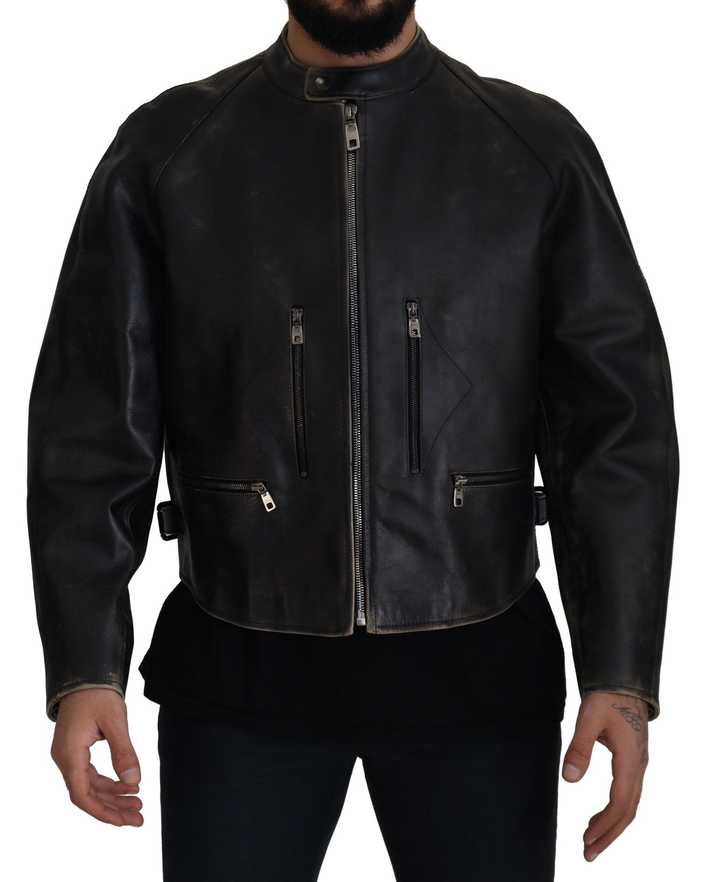 Dolce & Gabbana Men's Elegant Black Leather Jacket with Silver Details