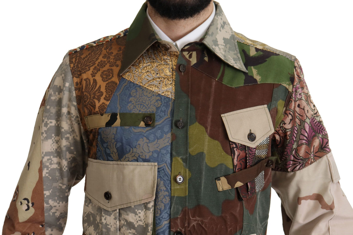 Dolce & Gabbana Men's Polyester Cotton Silk & Wool T-Shirt - Multicolor Patterned Camouflage Patchwork