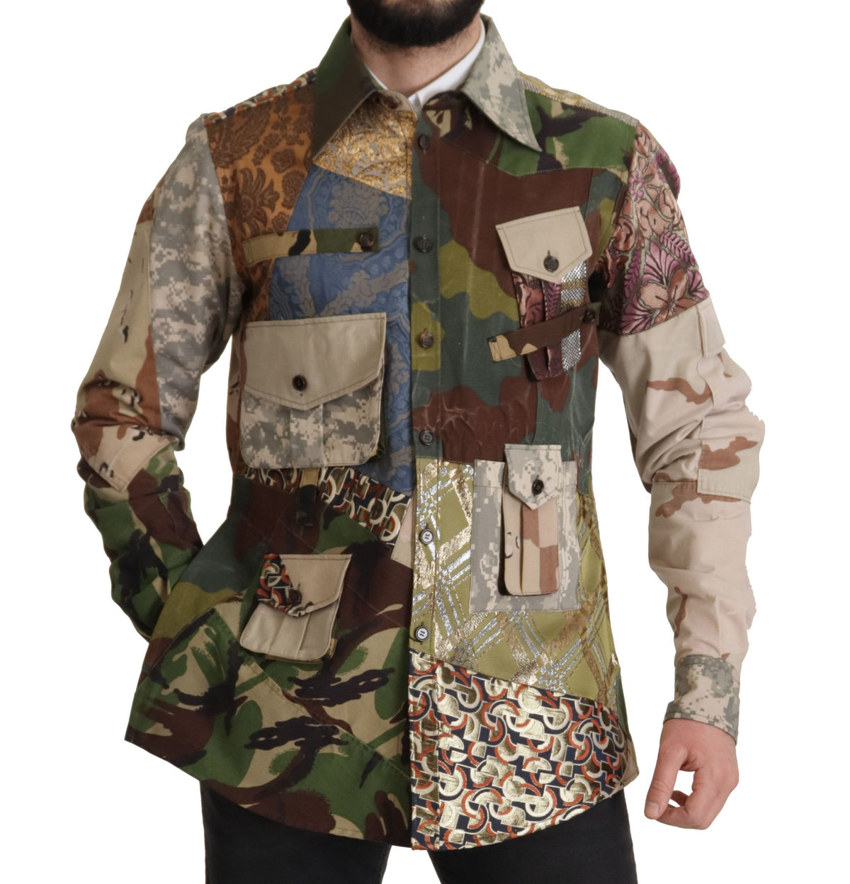 Dolce & Gabbana Men's Polyester Cotton Silk & Wool T-Shirt - Multicolor Patterned Camouflage Patchwork