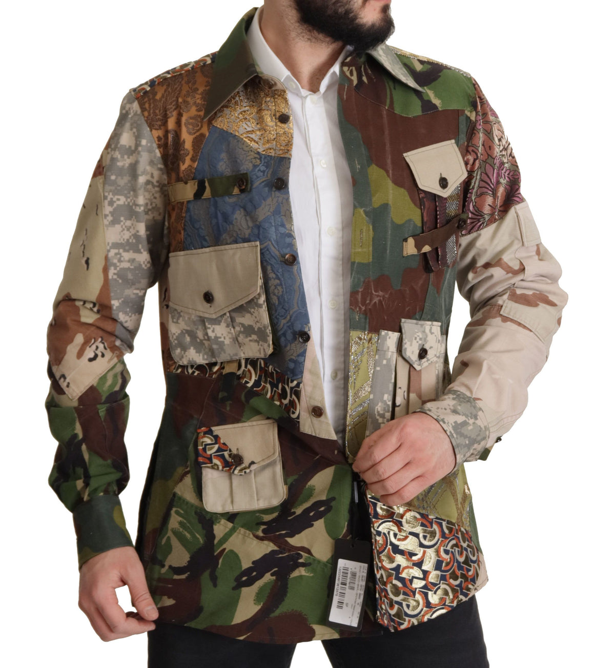 Dolce & Gabbana Men's Polyester Cotton Silk & Wool T-Shirt - Multicolor Patterned Camouflage Patchwork