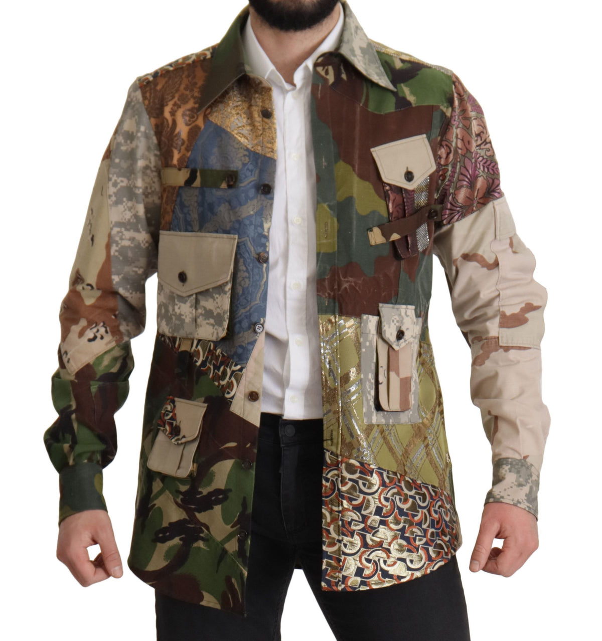 Dolce & Gabbana Men's Polyester Cotton Silk & Wool T-Shirt - Multicolor Patterned Camouflage Patchwork