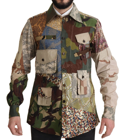 Dolce & Gabbana Men's Polyester Cotton Silk & Wool T-Shirt - Multicolor Patterned Camouflage Patchwork