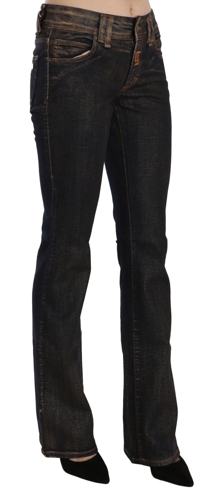 John Galliano Ladies' Black Washed Mid Waist Flared Denim Pants Cotton
