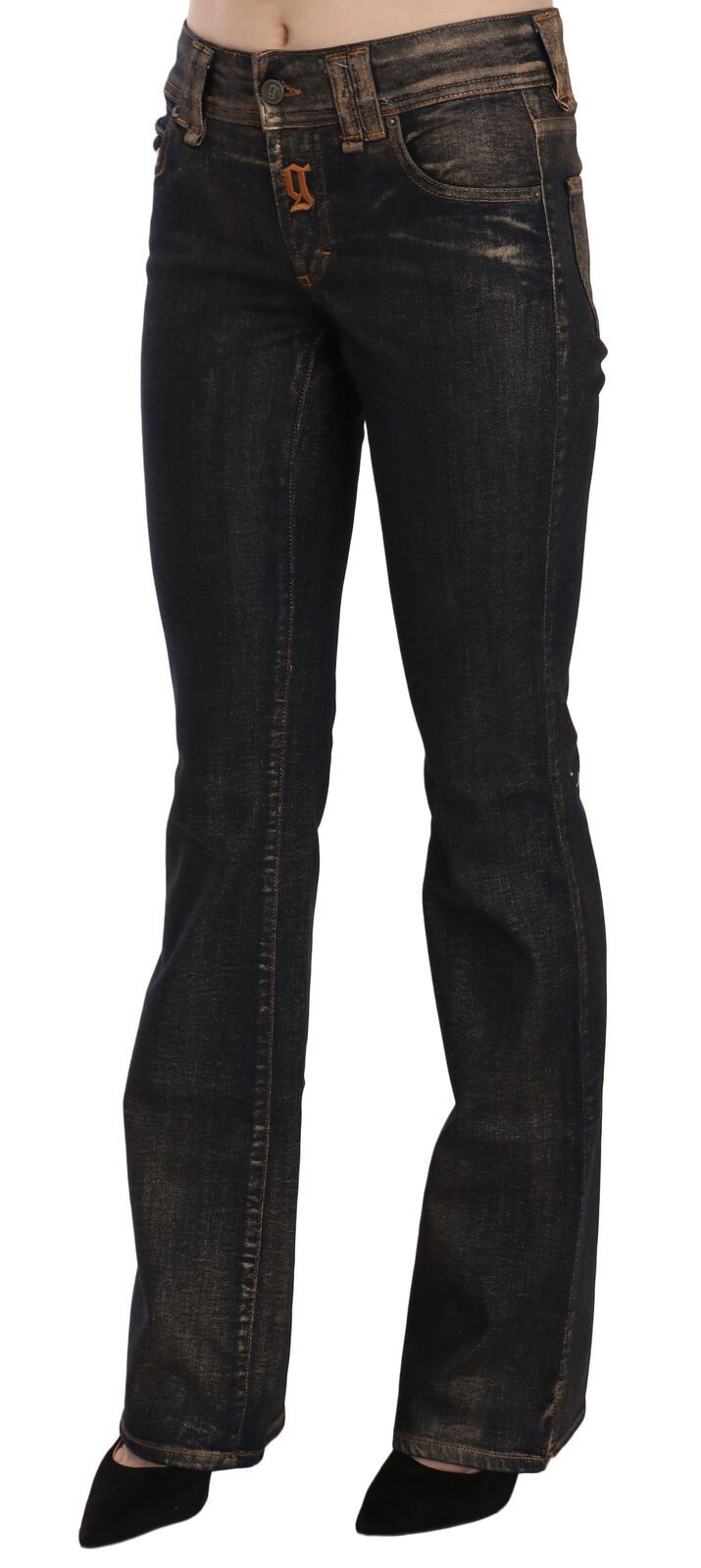John Galliano Ladies' Black Washed Mid Waist Flared Denim Pants Cotton