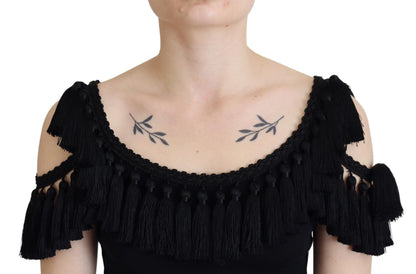 Dolce & Gabbana Black Tank Top Blouse Tassel Cotton Blouse