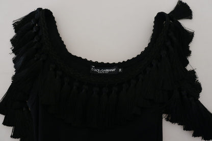 Dolce & Gabbana Black Tank Top Blouse Tassel Cotton Blouse