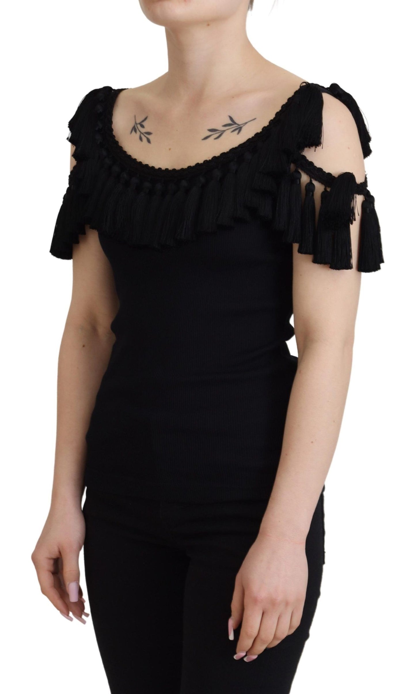 Dolce & Gabbana Black Tank Top Blouse Tassel Cotton Blouse