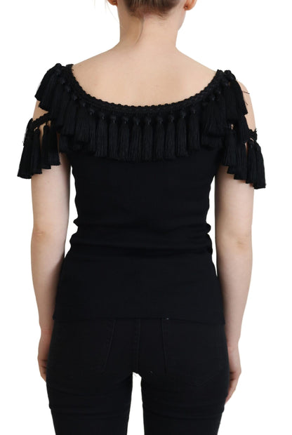 Dolce & Gabbana Black Tank Top Blouse Tassel Cotton Blouse