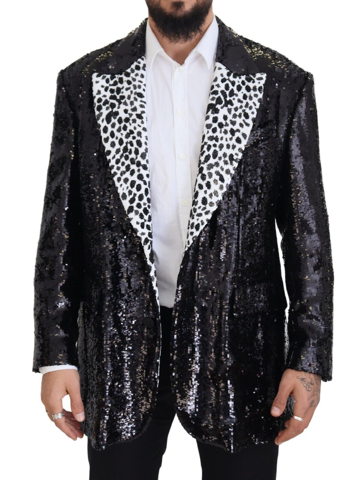 Dolce & Gabbana Men's Black Sequined Cow Pattern Nylon Blazer