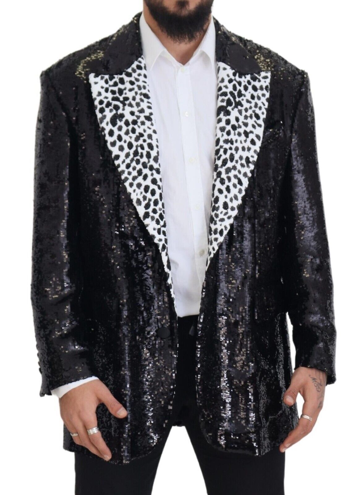 Dolce & Gabbana Men's Black Sequined Cow Pattern Nylon Blazer