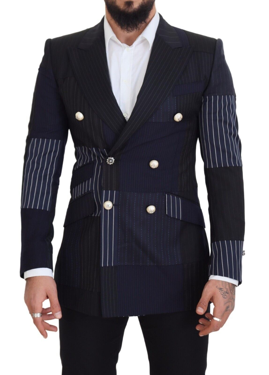 Dolce & Gabbana Men's Blue Wool Patchwork Double Breasted Blazer