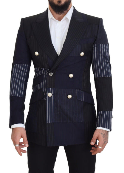 Dolce & Gabbana Men's Blue Wool Patchwork Double Breasted Blazer