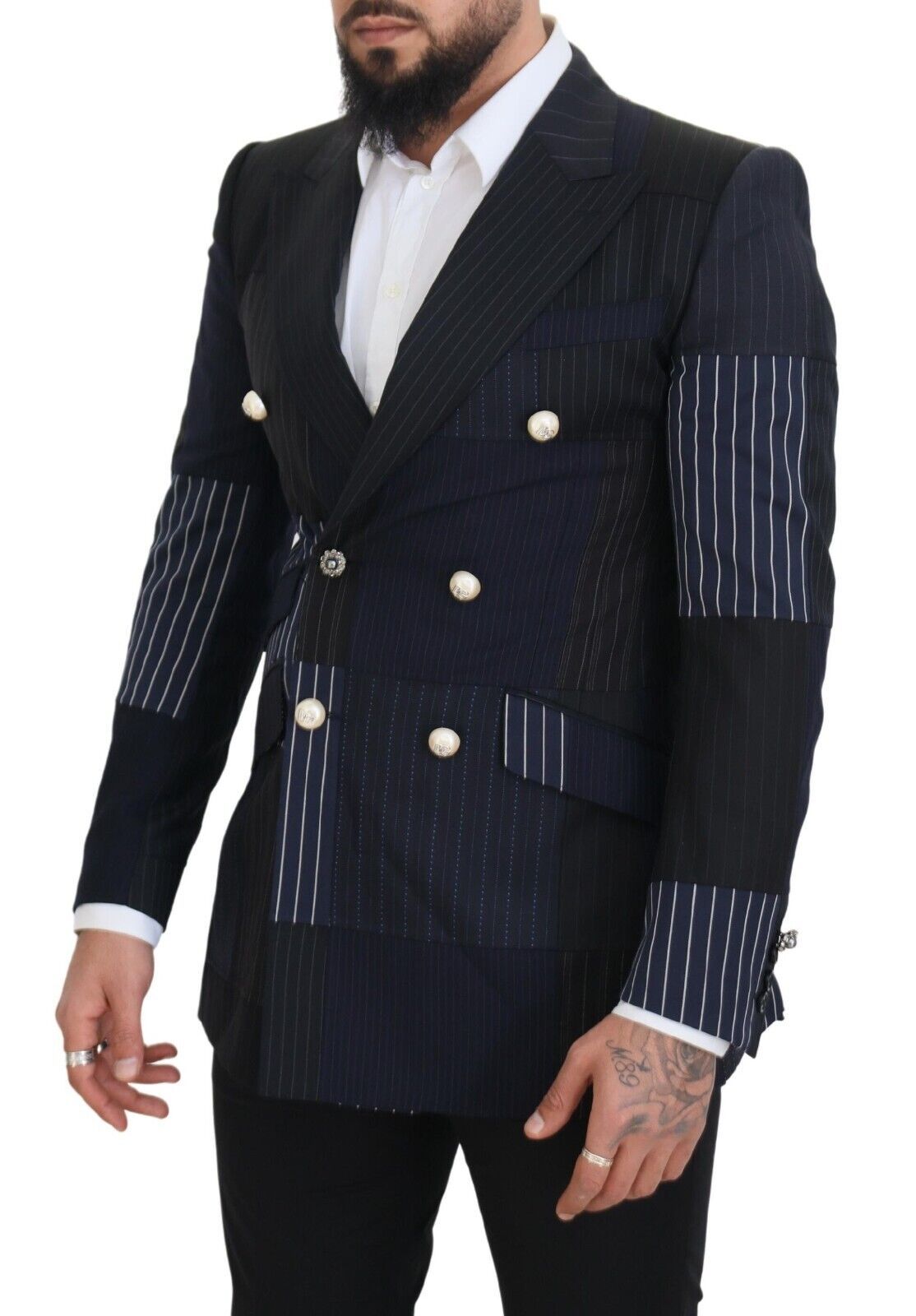 Dolce & Gabbana Men's Blue Wool Patchwork Double Breasted Blazer