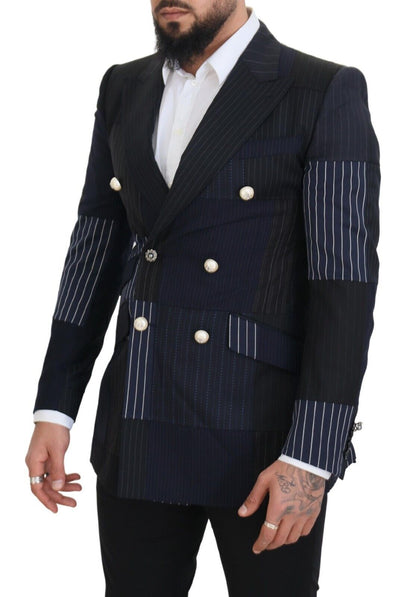 Dolce & Gabbana Men's Blue Wool Patchwork Double Breasted Blazer