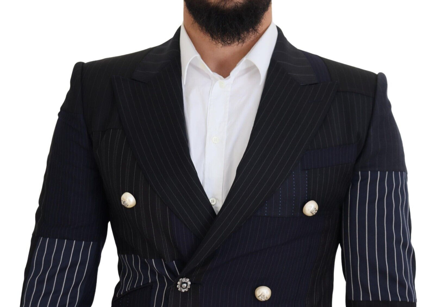 Dolce & Gabbana Men's Blue Wool Patchwork Double Breasted Blazer