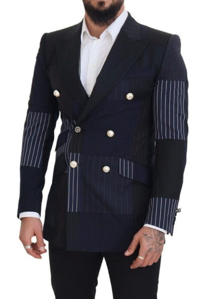 Dolce & Gabbana Men's Blue Wool Patchwork Double Breasted Blazer