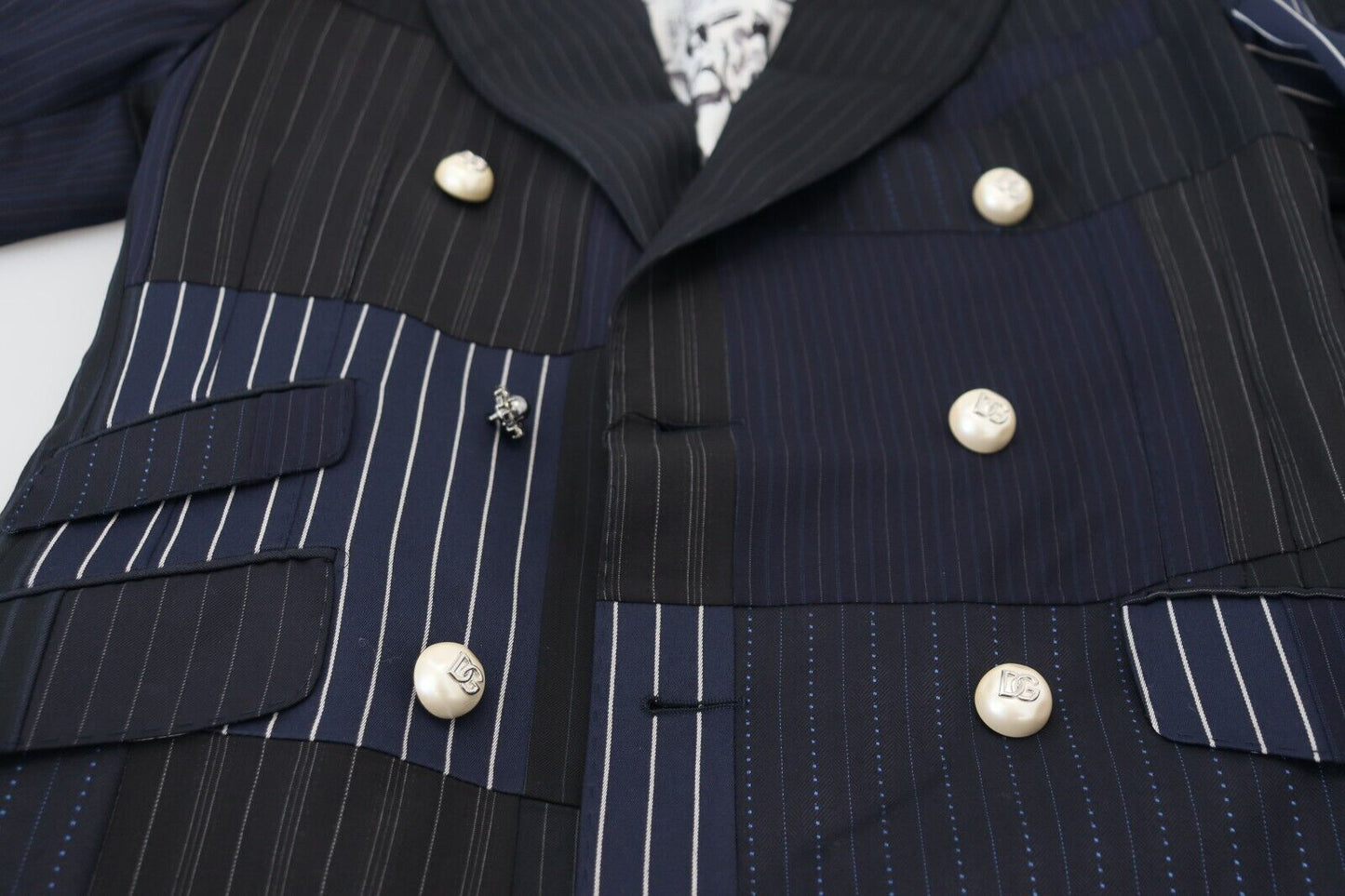Dolce & Gabbana Men's Blue Wool Patchwork Double Breasted Blazer
