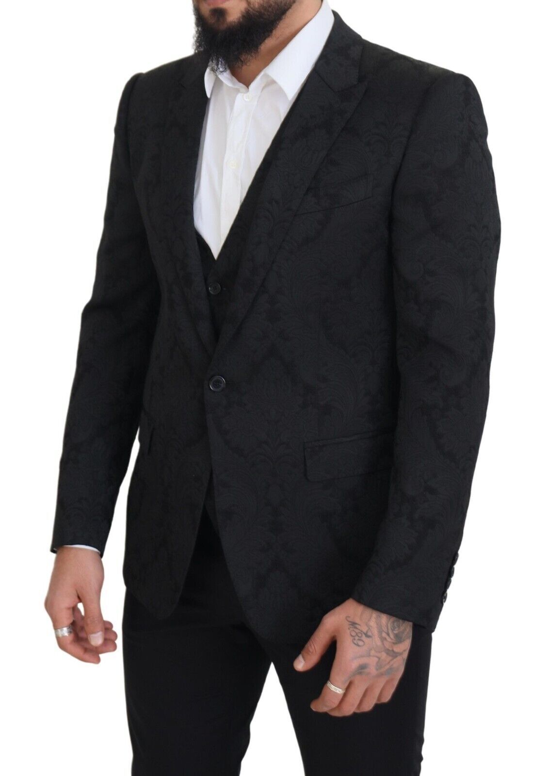 Dolce & Gabbana Men's Black Floral Brocade 2 Piece MARTINI Suit