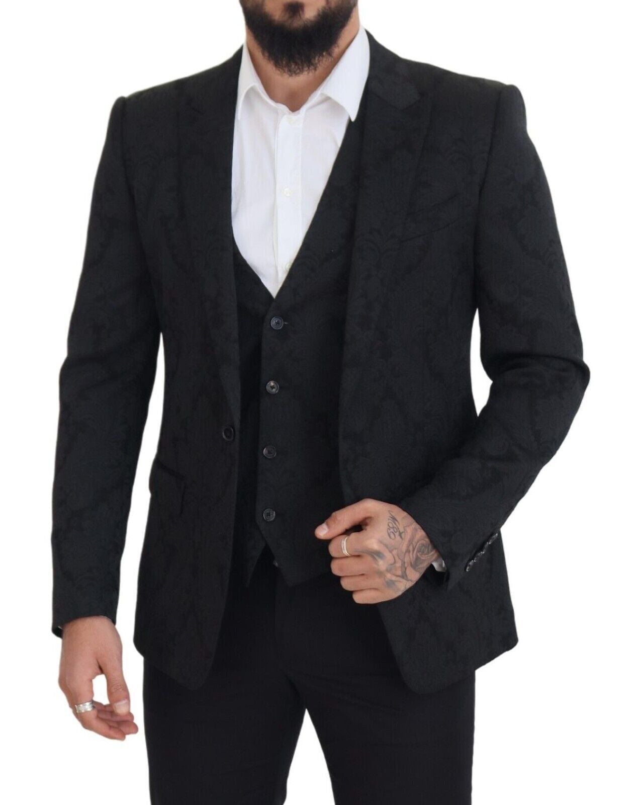 Dolce & Gabbana Men's Black Floral Brocade 2 Piece MARTINI Suit
