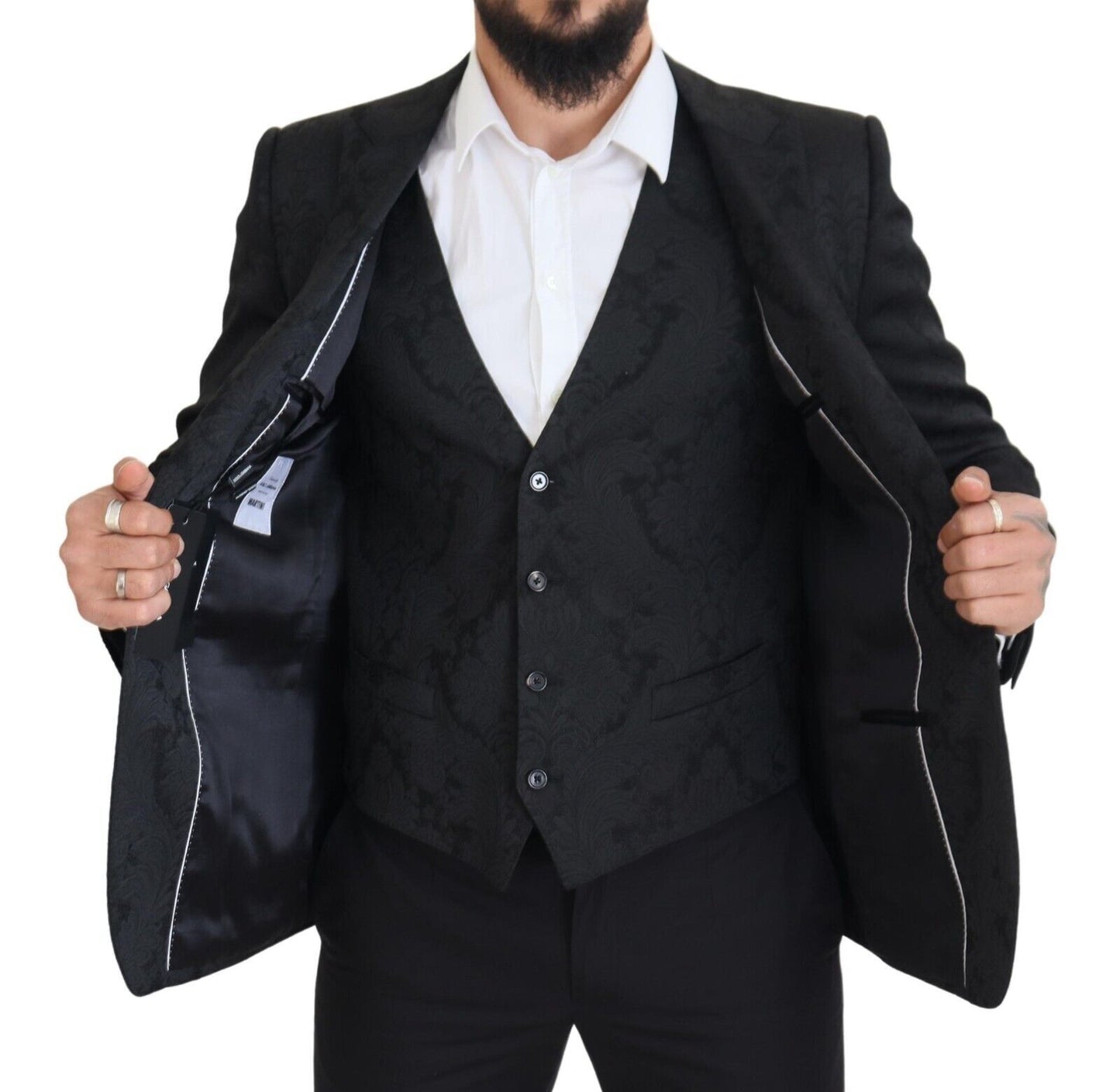 Dolce & Gabbana Men's Black Floral Brocade 2 Piece MARTINI Suit