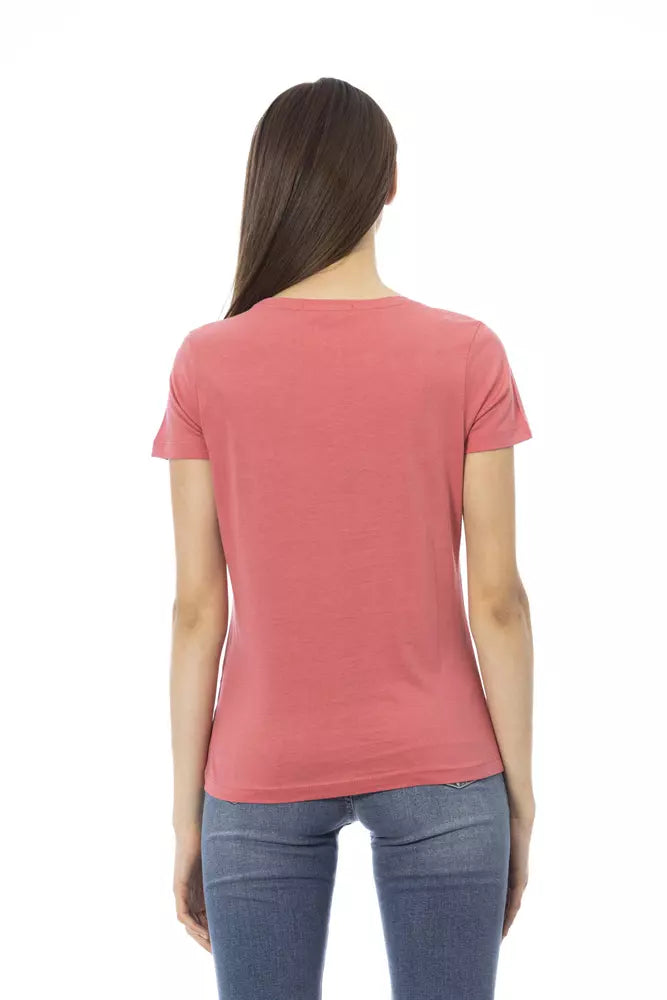 T-Shirt by Trussardi Action for women in viscose cotton fuchsia & print showcases a fashionable silhouette, elegantly detailed with a fashionable and round neckline for a sophisticated, high-fashion look.