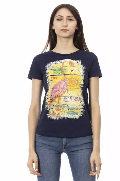 T-Shirt by Trussardi Action for women in viscose cotton blue & print showcases a unassuming silhouette, artfully detailed with a refined round neckline and unassuming short-sleeve for a sophisticated, contemporary look.