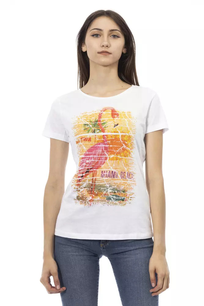 T-Shirt by Trussardi Action for women in viscose cotton white & print showcases a chic silhouette, artfully detailed with a chic round neckline and short-sleeve for a chic finish.